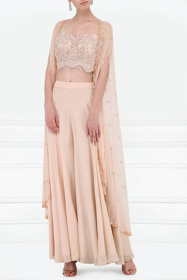 Mauve Emb Bustier, Sharara with Mauve Cape