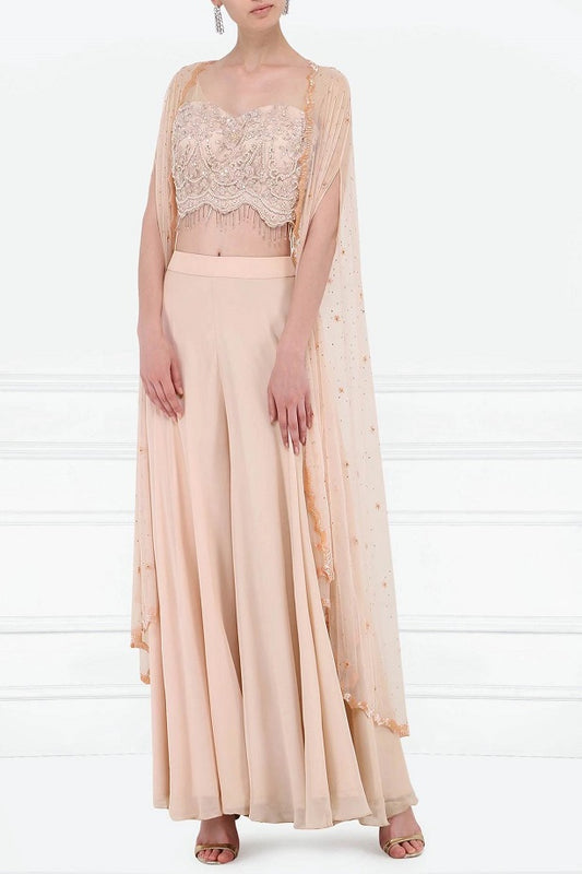 Mauve Emb Bustier, Sharara with Mauve Cape