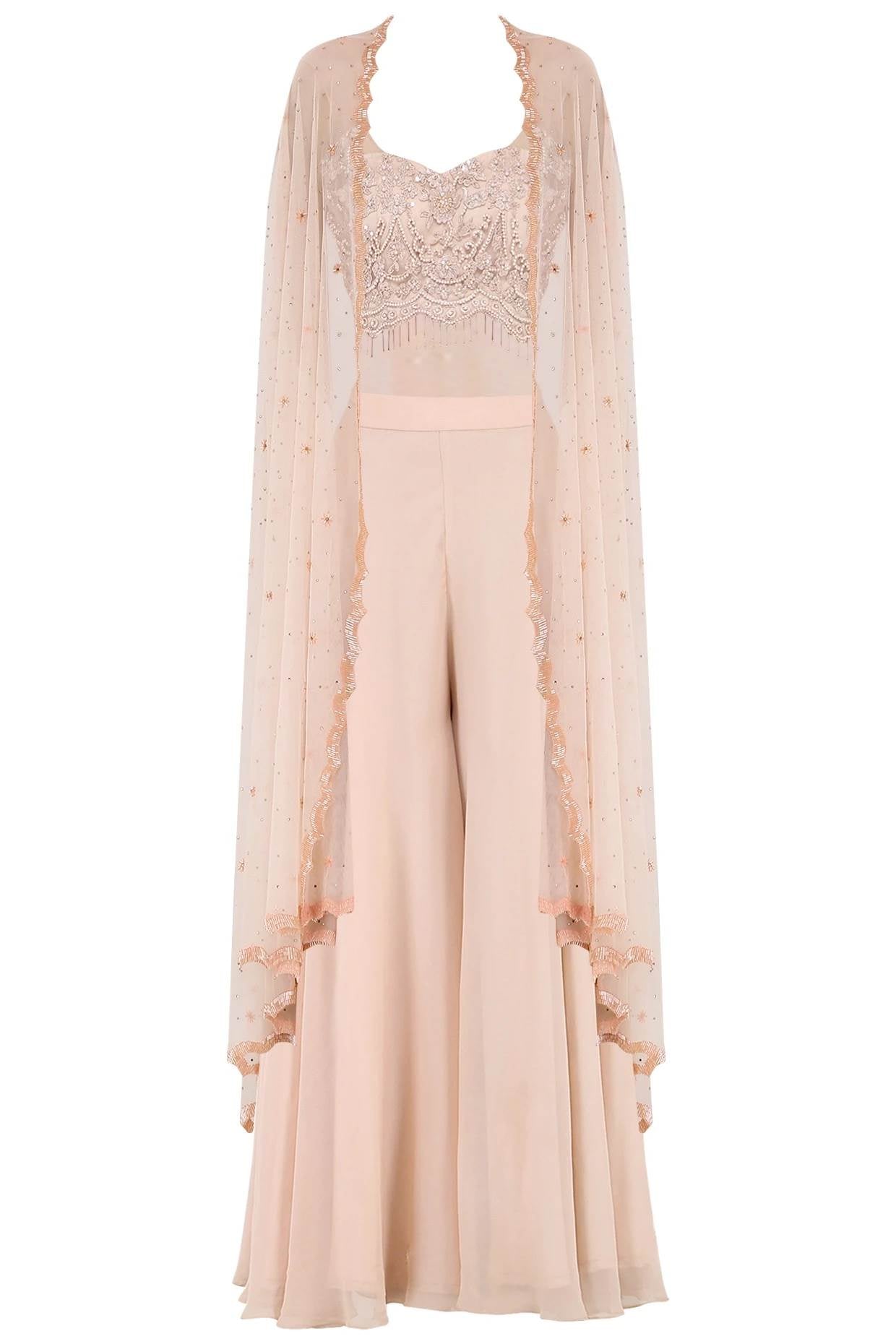 Mauve Emb Bustier, Sharara with Mauve Cape