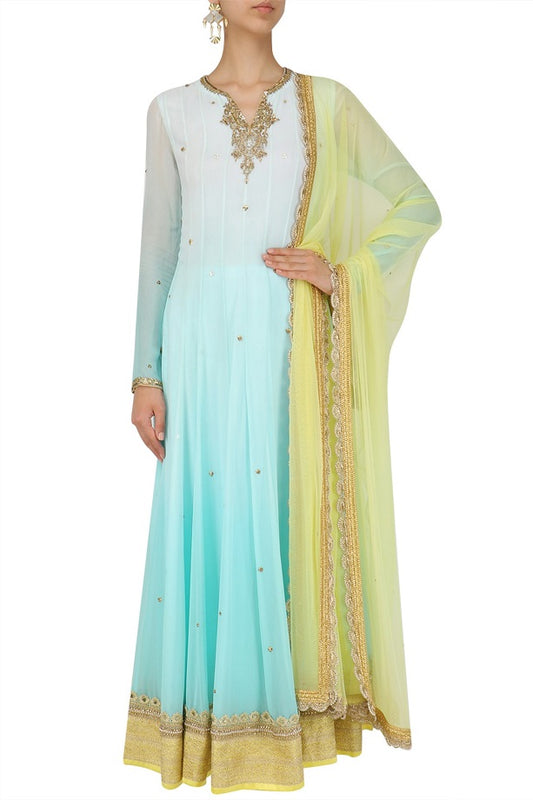 Aqua Ombre Anarkali Aqua Churidar with yellow Dupatta