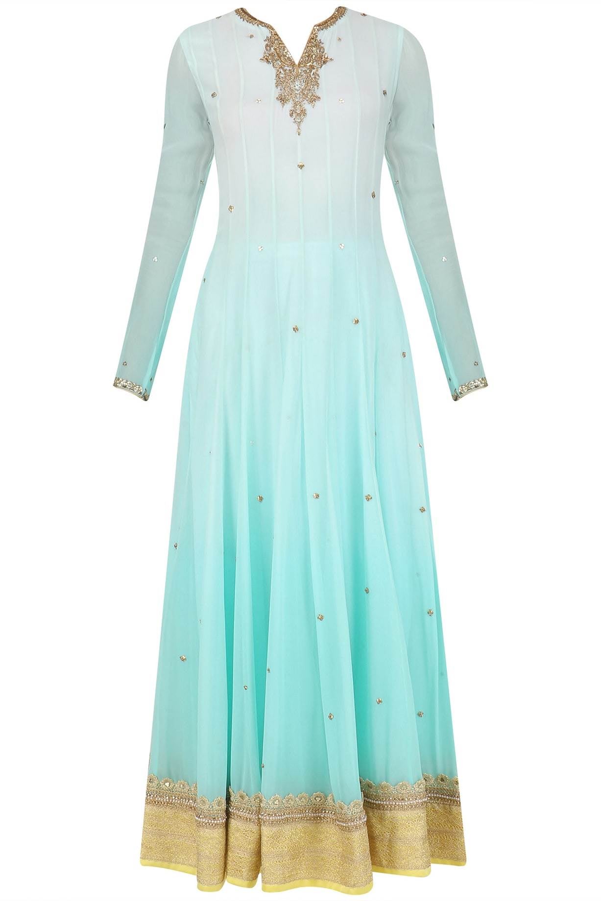 Aqua Ombre Anarkali Aqua Churidar with yellow Dupatta