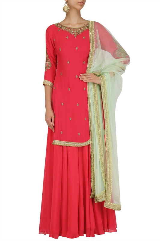 Coral Flowy Sharara Set With Dupatta