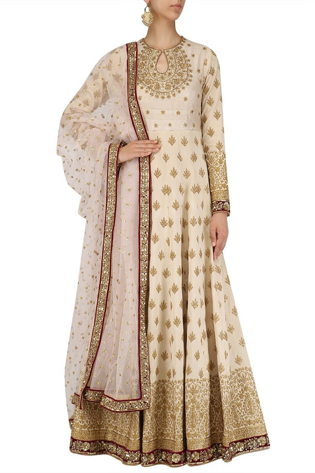 Offwhite Dupion Anarkali Rosepink Dupatta