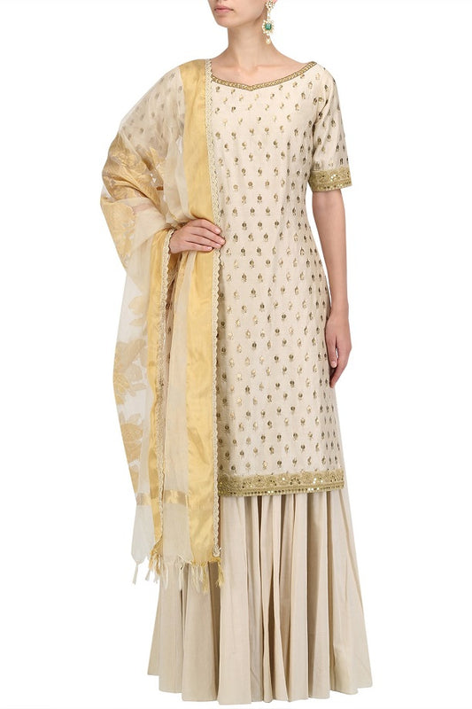 Offwhite Chanderi Kurta Sharara With Beige Net Dupatta