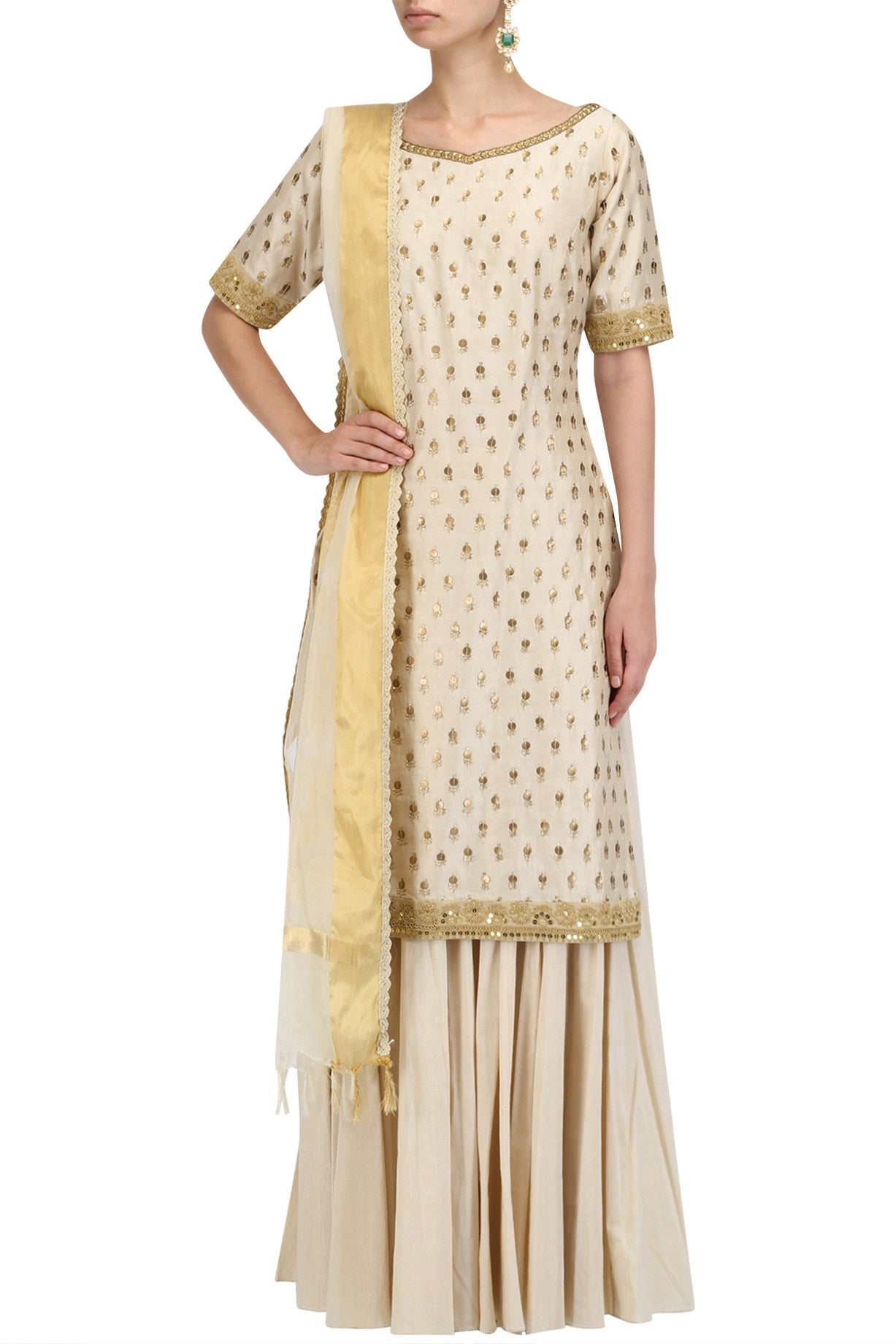 Offwhite Chanderi Kurta Sharara With Beige Net Dupatta