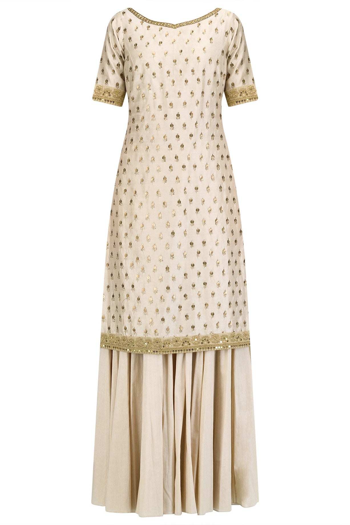 Offwhite Chanderi Kurta Sharara With Beige Net Dupatta