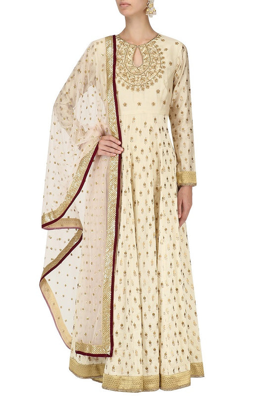 Offwhite Chanderi Anarkali With Plazo &amp; Rose Pink Net Dupatta