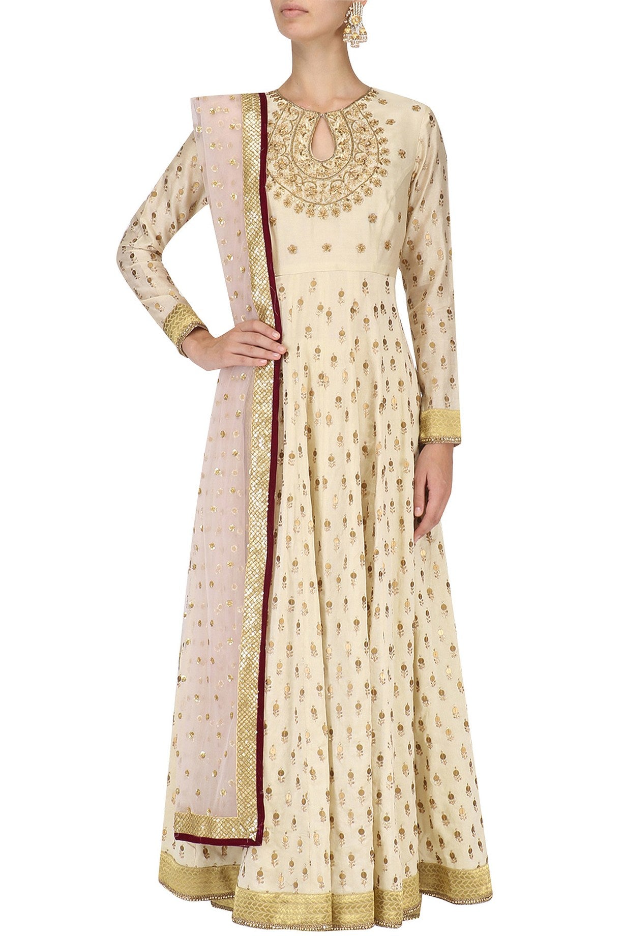 Offwhite Chanderi Anarkali With Plazo &amp; Rose Pink Net Dupatta