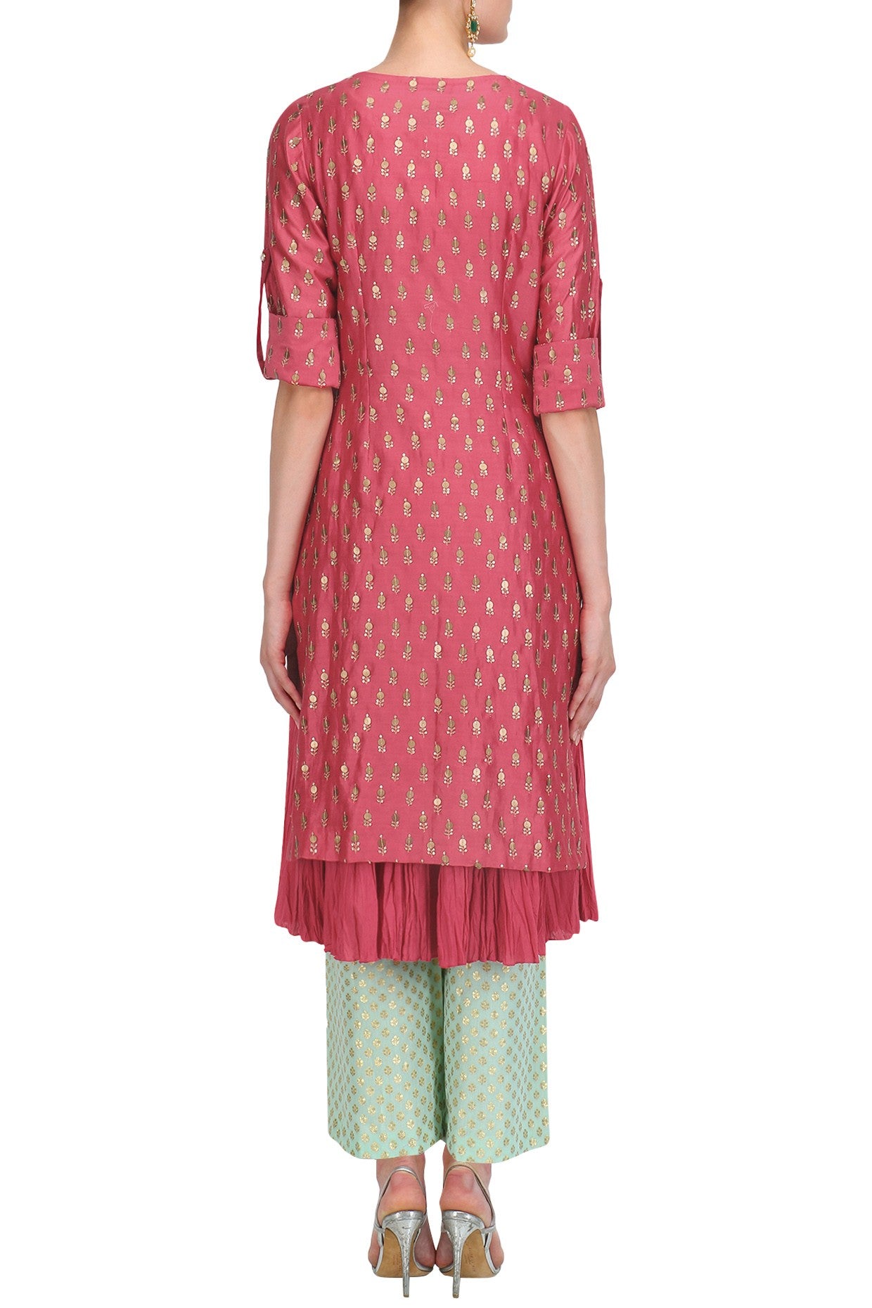 Pink Chanderi Straight Kurta ,Inner ,Aqua Plazo With Net Dupatta