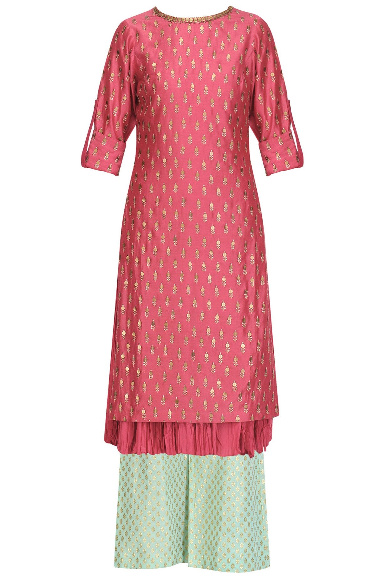 Pink Chanderi Straight Kurta ,Inner ,Aqua Plazo With Net Dupatta