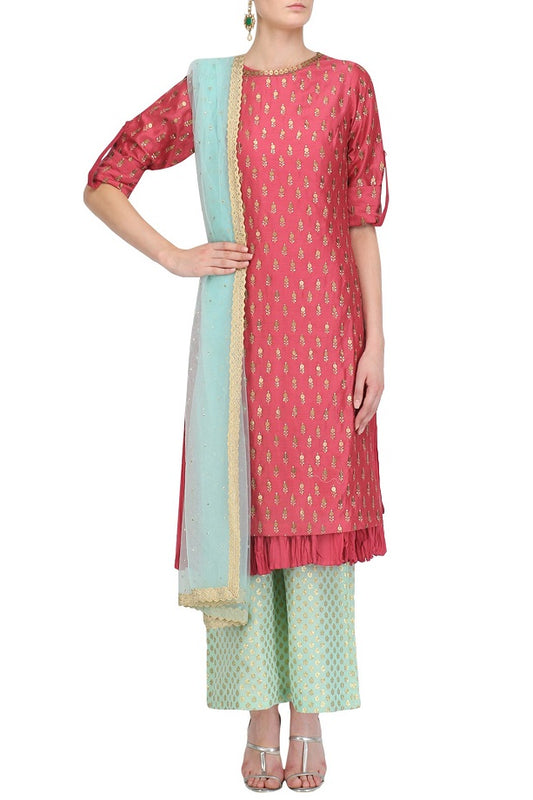 Pink Chanderi Straight Kurta ,Inner ,Aqua Plazo With Net Dupatta