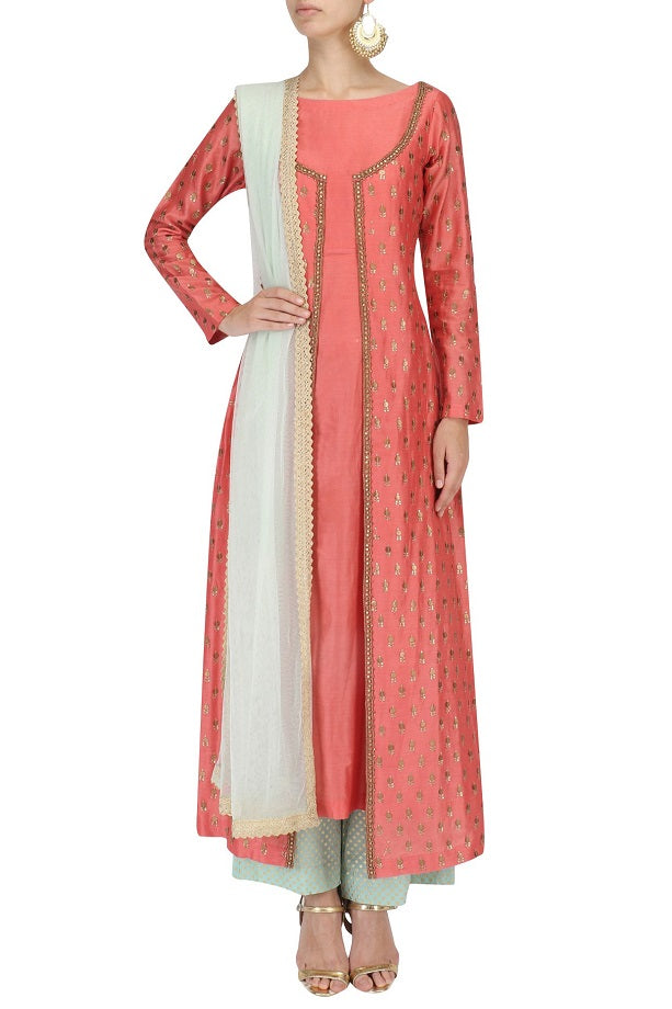 Peach Chanderi Kurta With Aqua Plazo &amp; Mint Dupatta