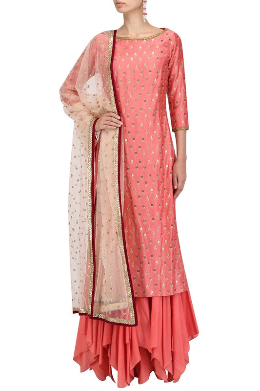 Peach Chanderi Kurta &amp; Gharara With Peach Net Dupatta