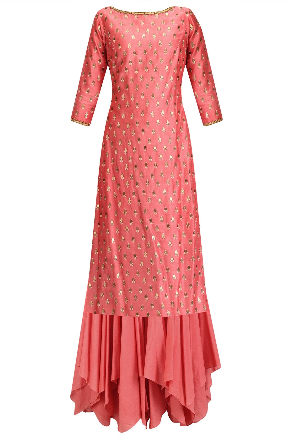 Peach Chanderi Kurta &amp; Gharara With Peach Net Dupatta