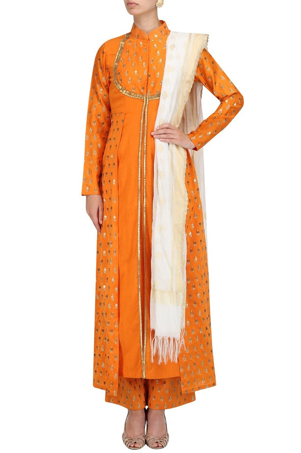 Orange Chanderi Kurta With Plazo &amp; Dupatta