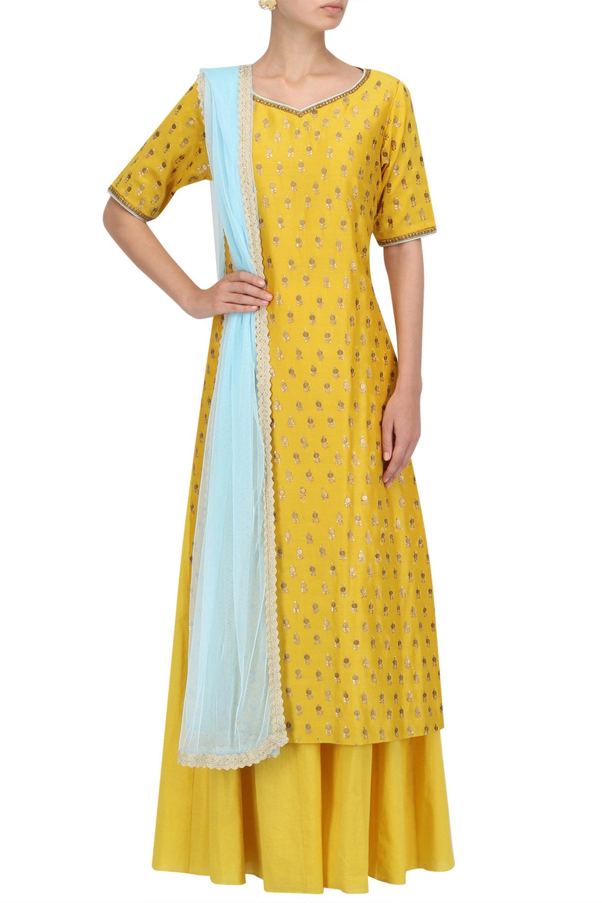 Yellow Chanderi Kurta With Sharara &amp; Dupataa