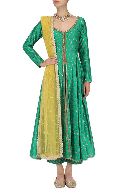 Green Chanderi Kurta With Plazo &amp; Dupatta