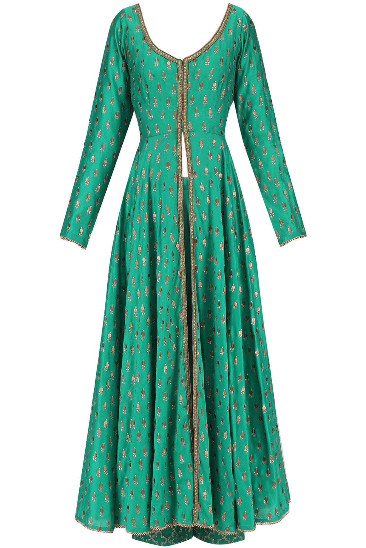 Green Chanderi Kurta With Plazo &amp; Dupatta