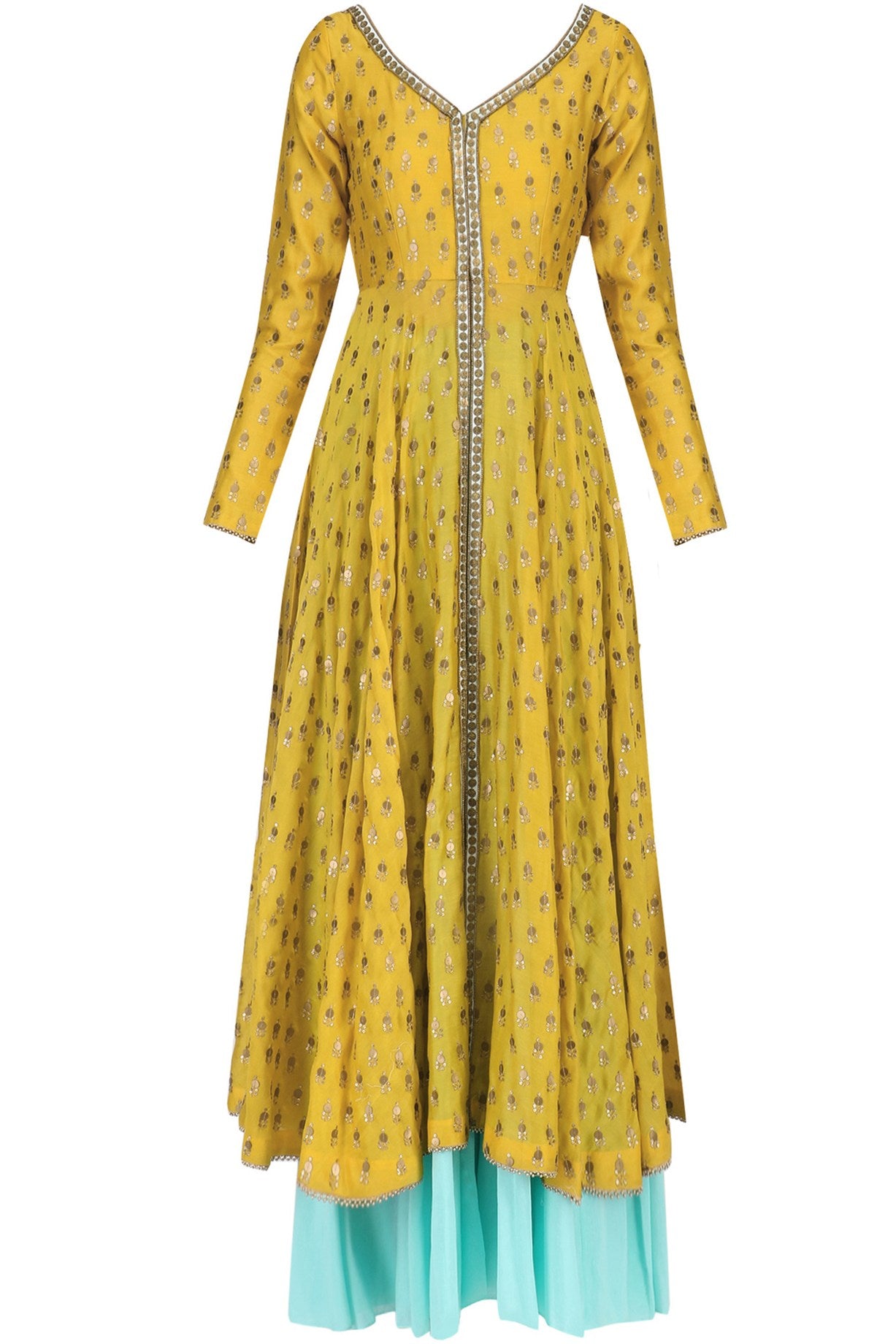 Yellow Chanderi Kurta With Aqua Sharara &amp; Dupatta