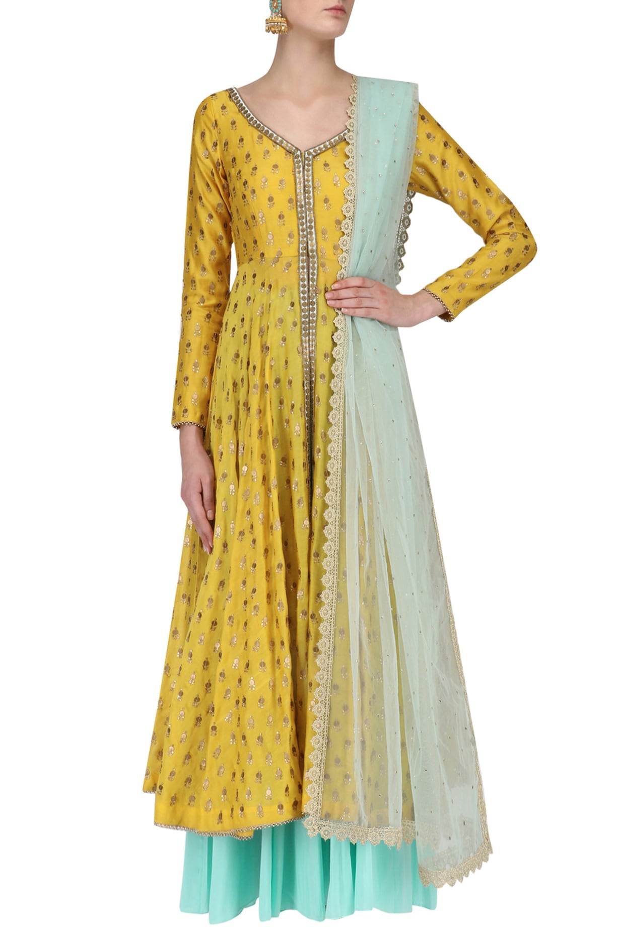 Yellow Chanderi Kurta With Aqua Sharara &amp; Dupatta