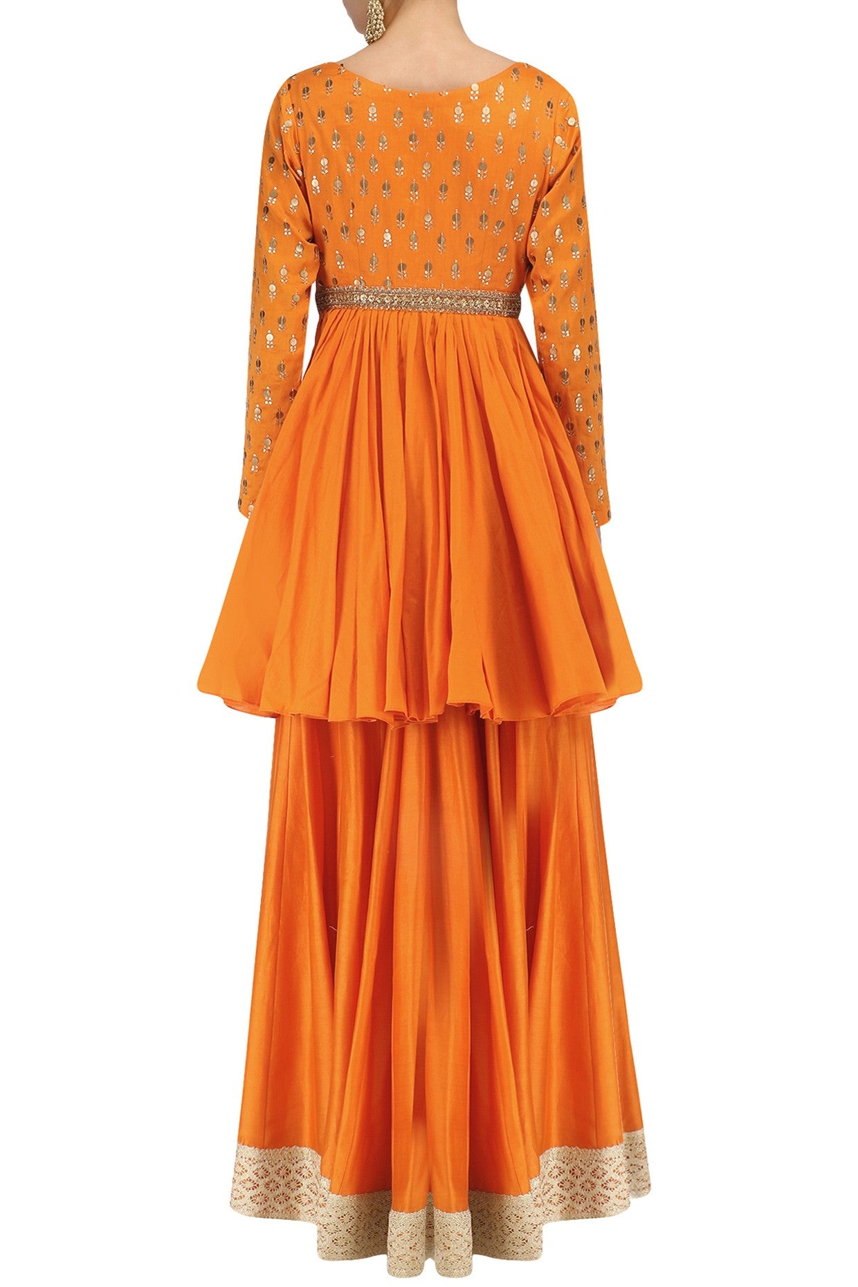 Orange Chanderi Peplum With Skirt &amp; Mint Net Dupatta