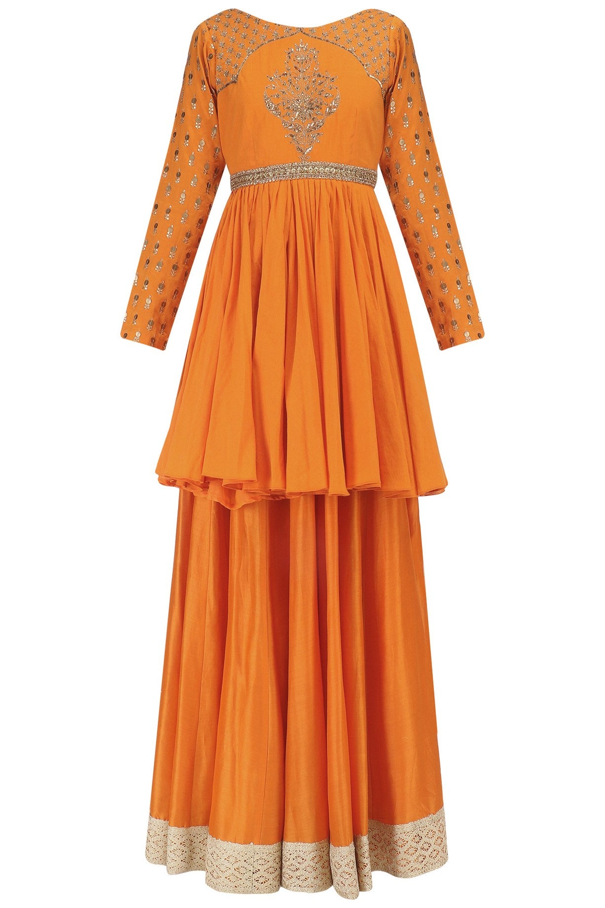 Orange Chanderi Peplum With Skirt &amp; Mint Net Dupatta