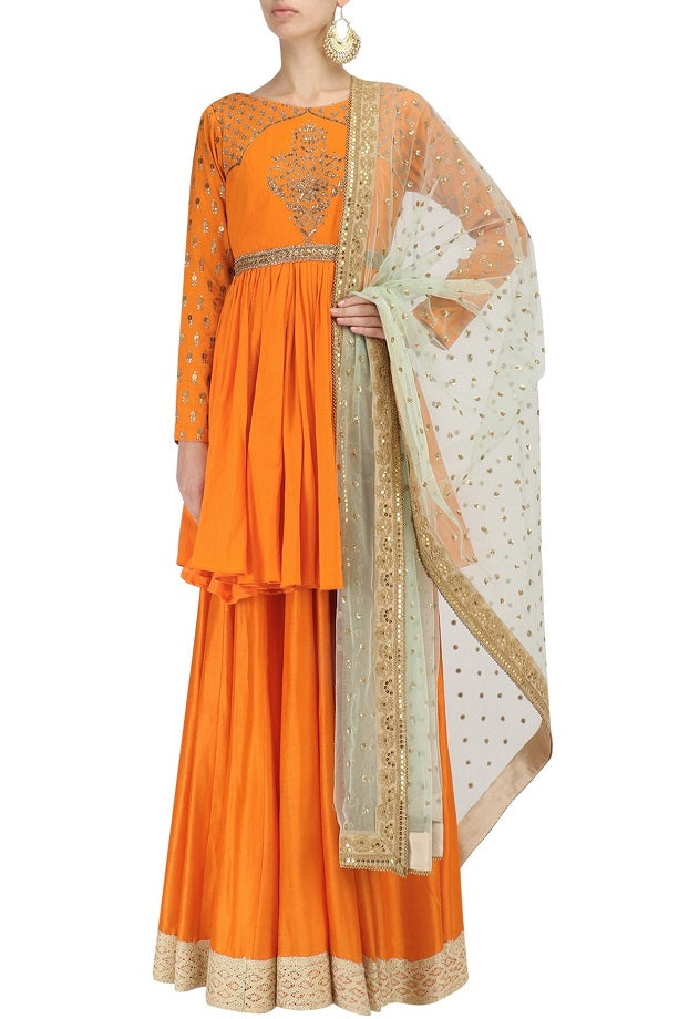 Orange Chanderi Peplum With Skirt &amp; Mint Net Dupatta