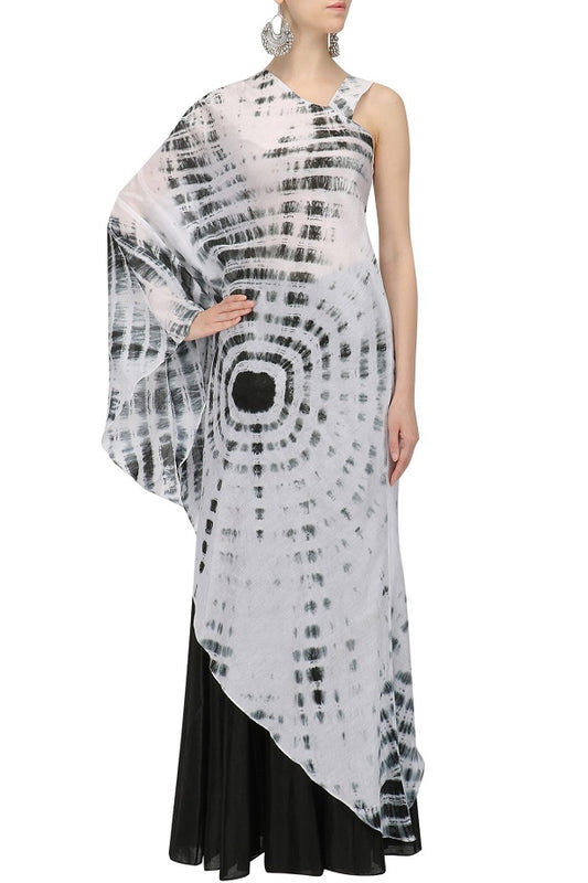 Black and White Sibori Top with Black Sharara