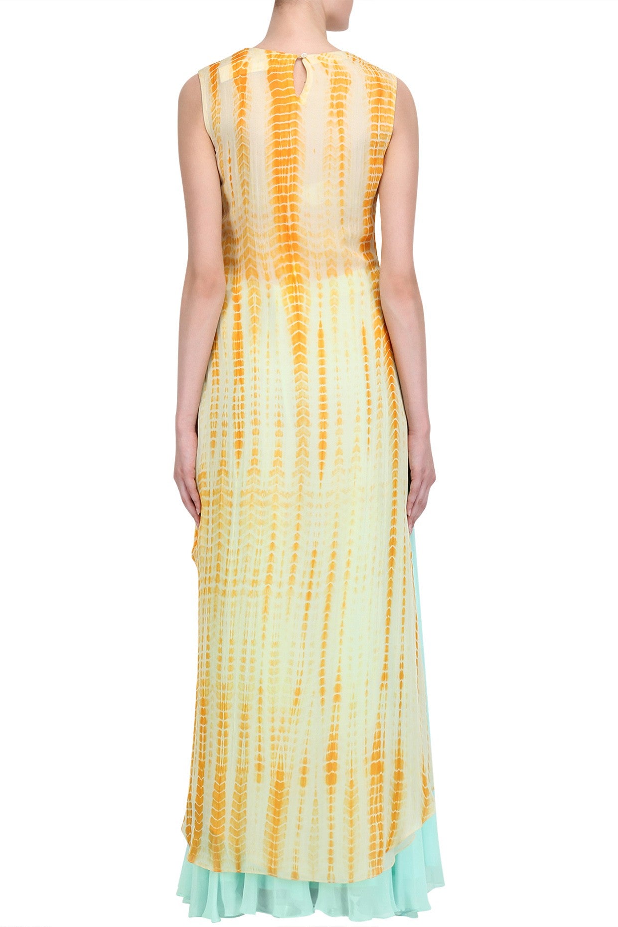 Yellow Shibori Drape With Aqua Georgette Sharara