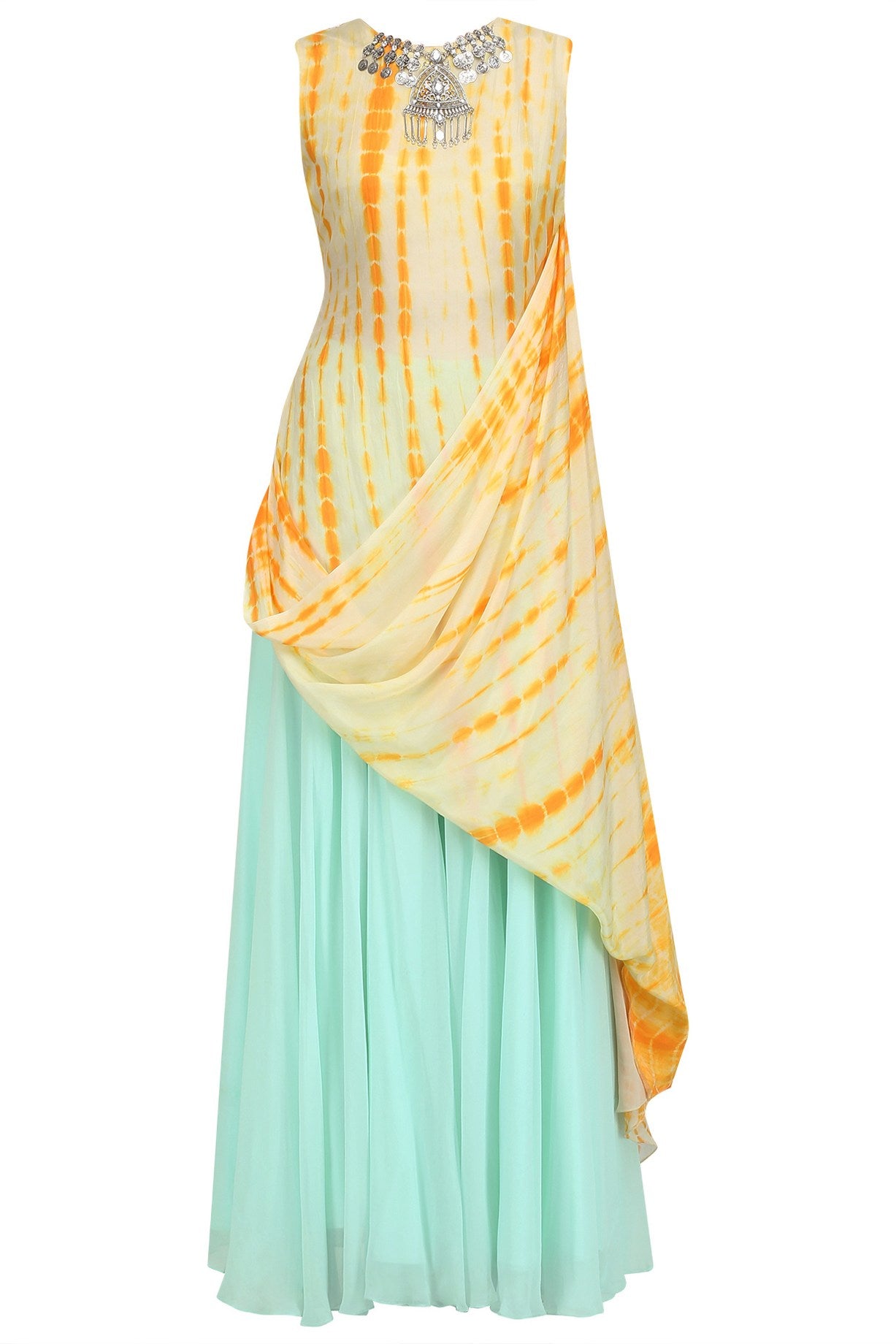 Yellow Shibori Drape With Aqua Georgette Sharara