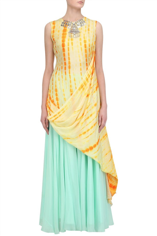 Yellow Shibori Drape With Aqua Georgette Sharara