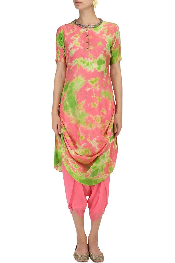 Peach Drape Top With Peach Dhoti