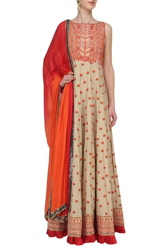 Beige Anarkali With Red Orange Silk Dupatta