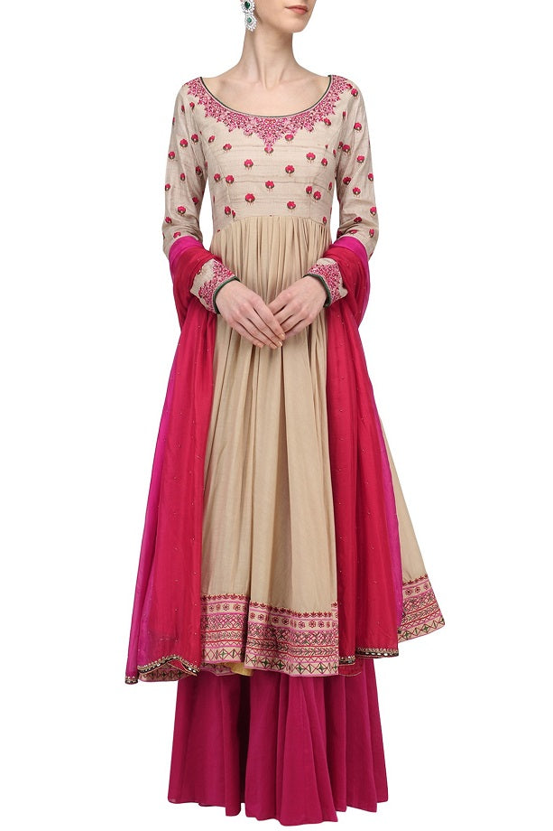 Beige Cotton Anarkali With Red pink Dupatta