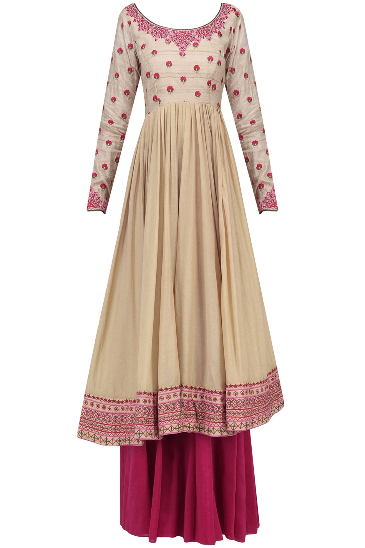 Beige Cotton Anarkali With Red pink Dupatta