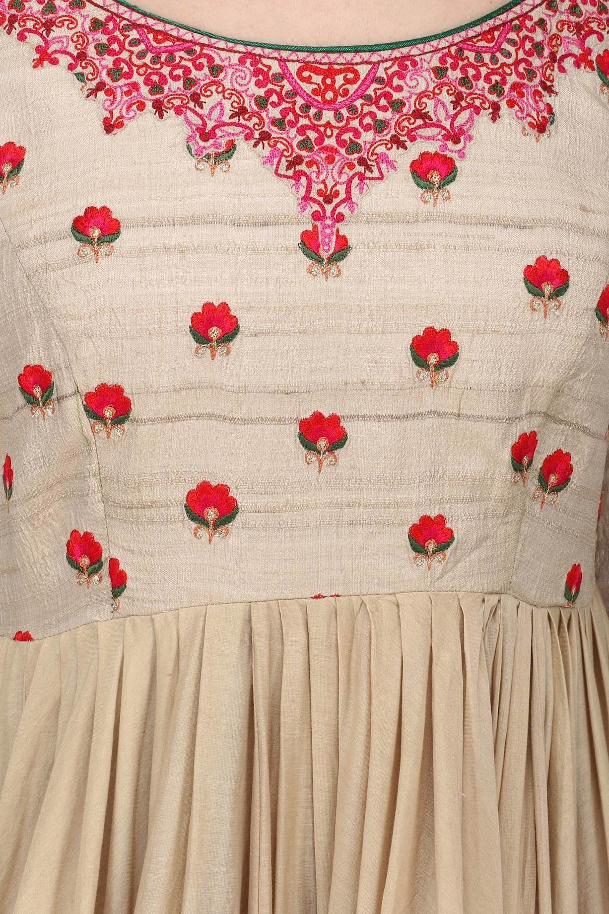 Beige Cotton Anarkali With Red pink Dupatta