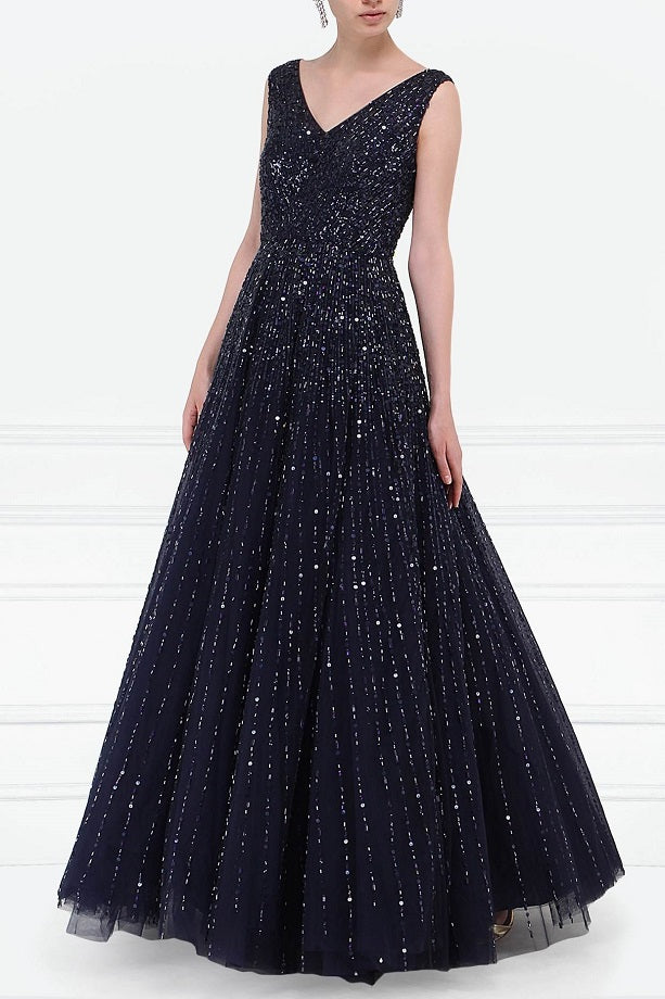 Navy Blue Embroidered Gown