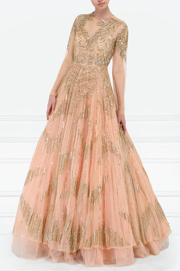 Peach Organza Embroidered Gown