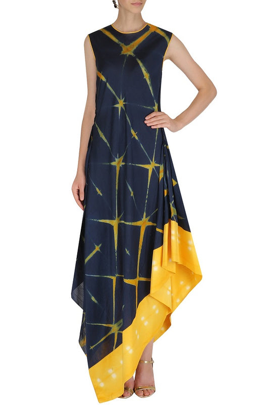 Navy Blue Yellow Sibori Drape Dress