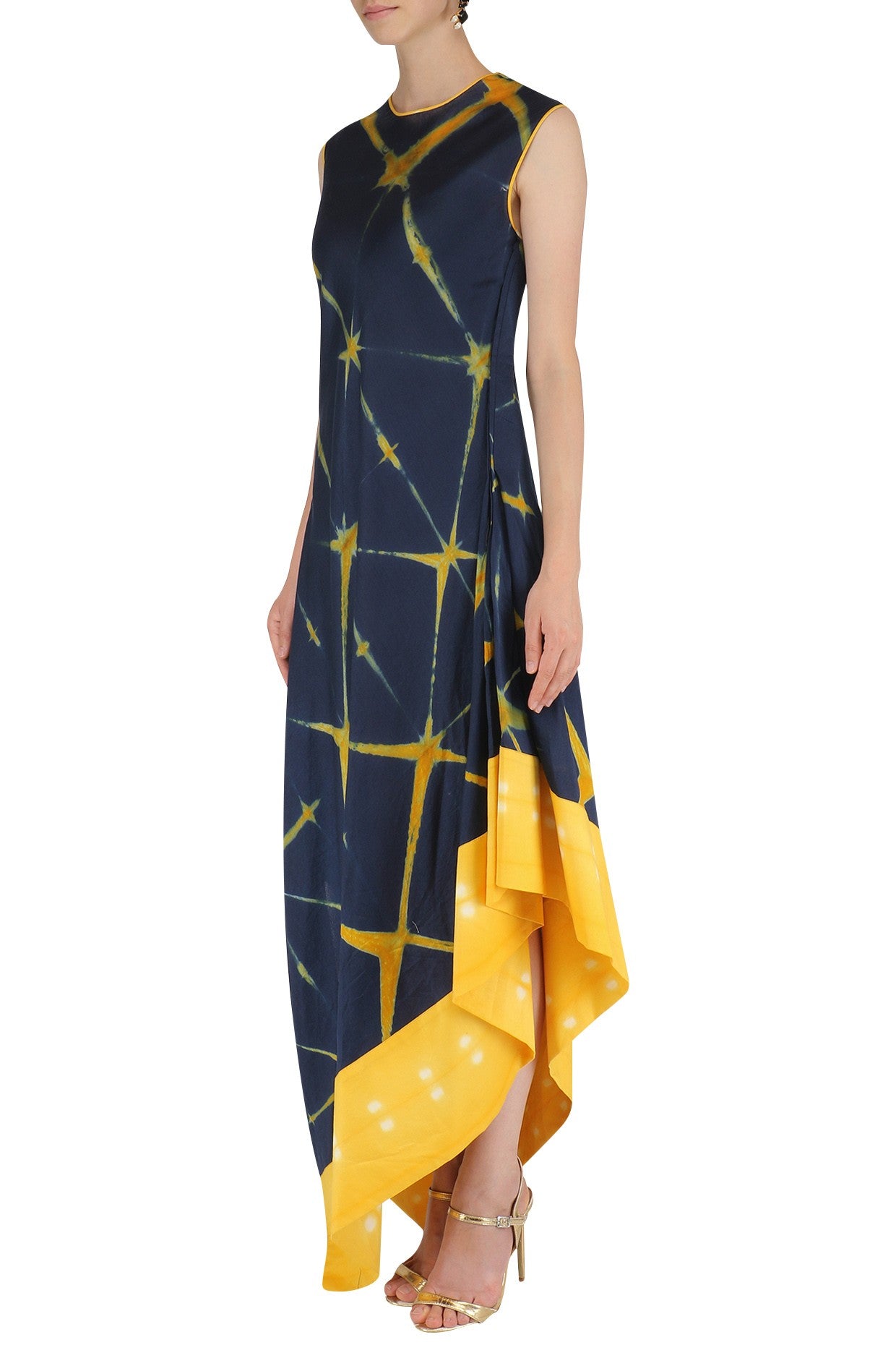 Navy Blue Yellow Sibori Drape Dress