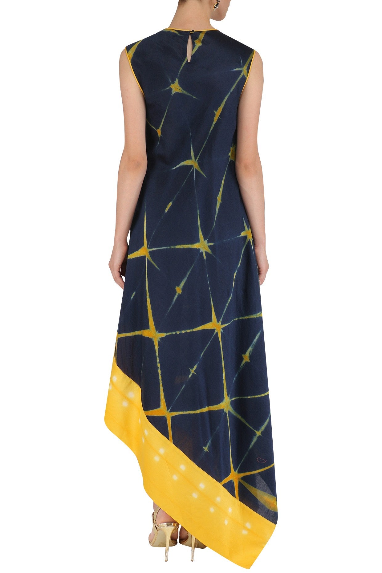 Navy Blue Yellow Sibori Drape Dress