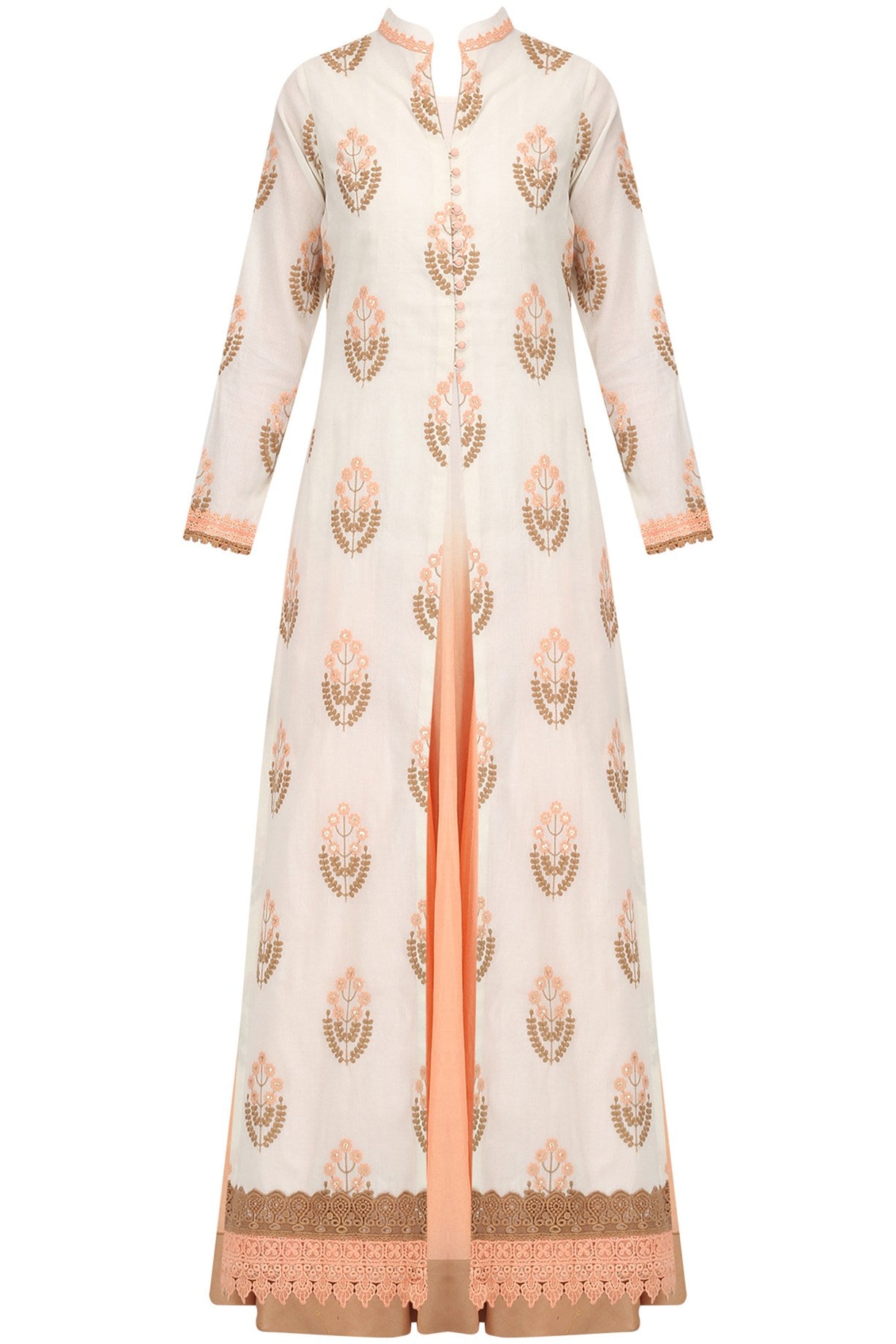 Offwhite Embroidered Jacket With Offwhite &amp; Peach Omre Slip