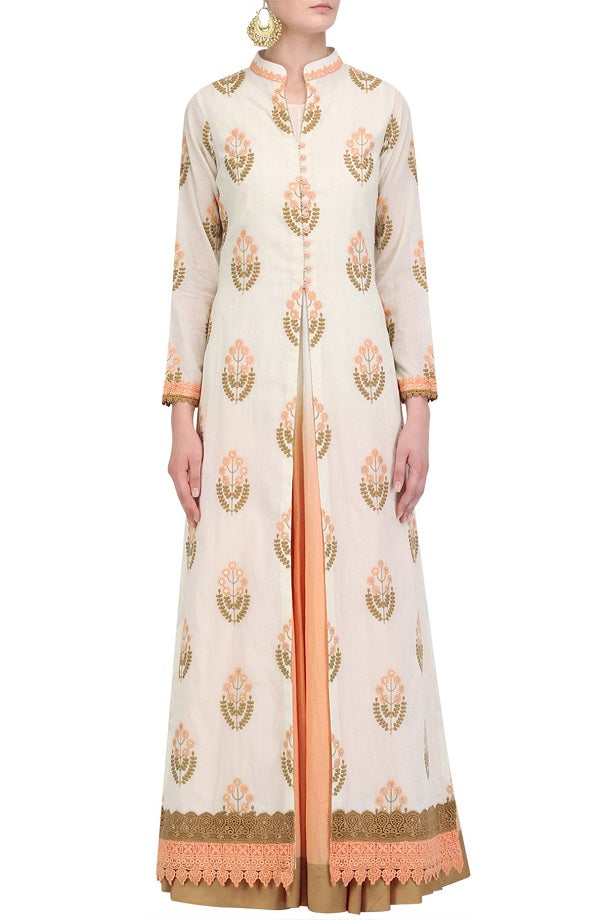 Offwhite Embroidered Jacket With Offwhite &amp; Peach Omre Slip