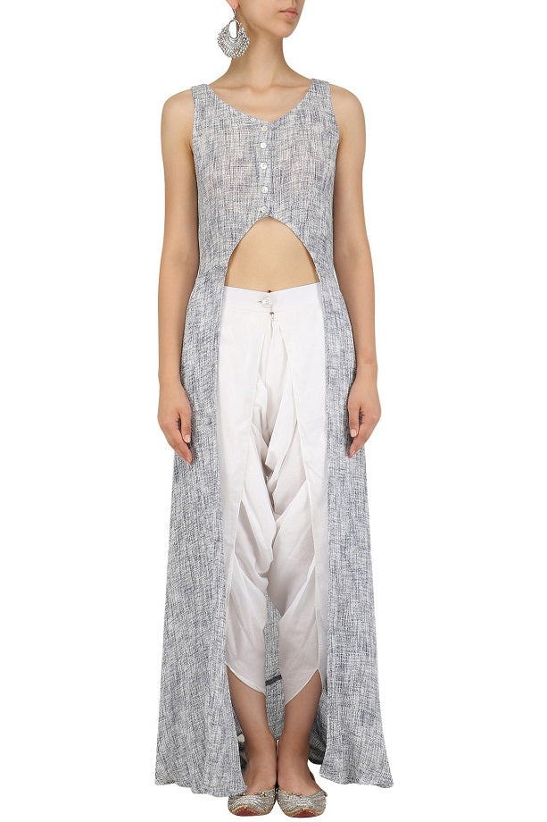 White BlueTextured Jacket with White Dhoti