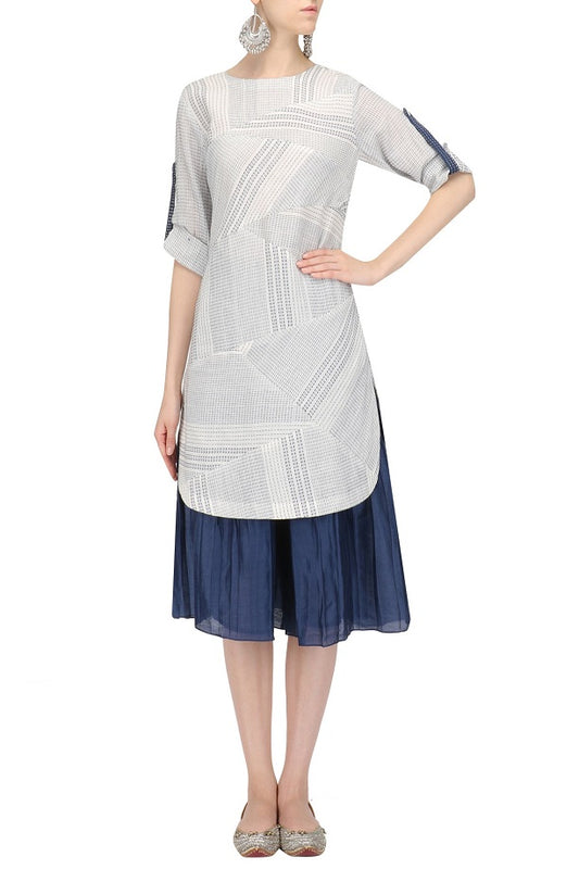 Whit and Blue Textuered Kurta with Blue Pleated Plazo