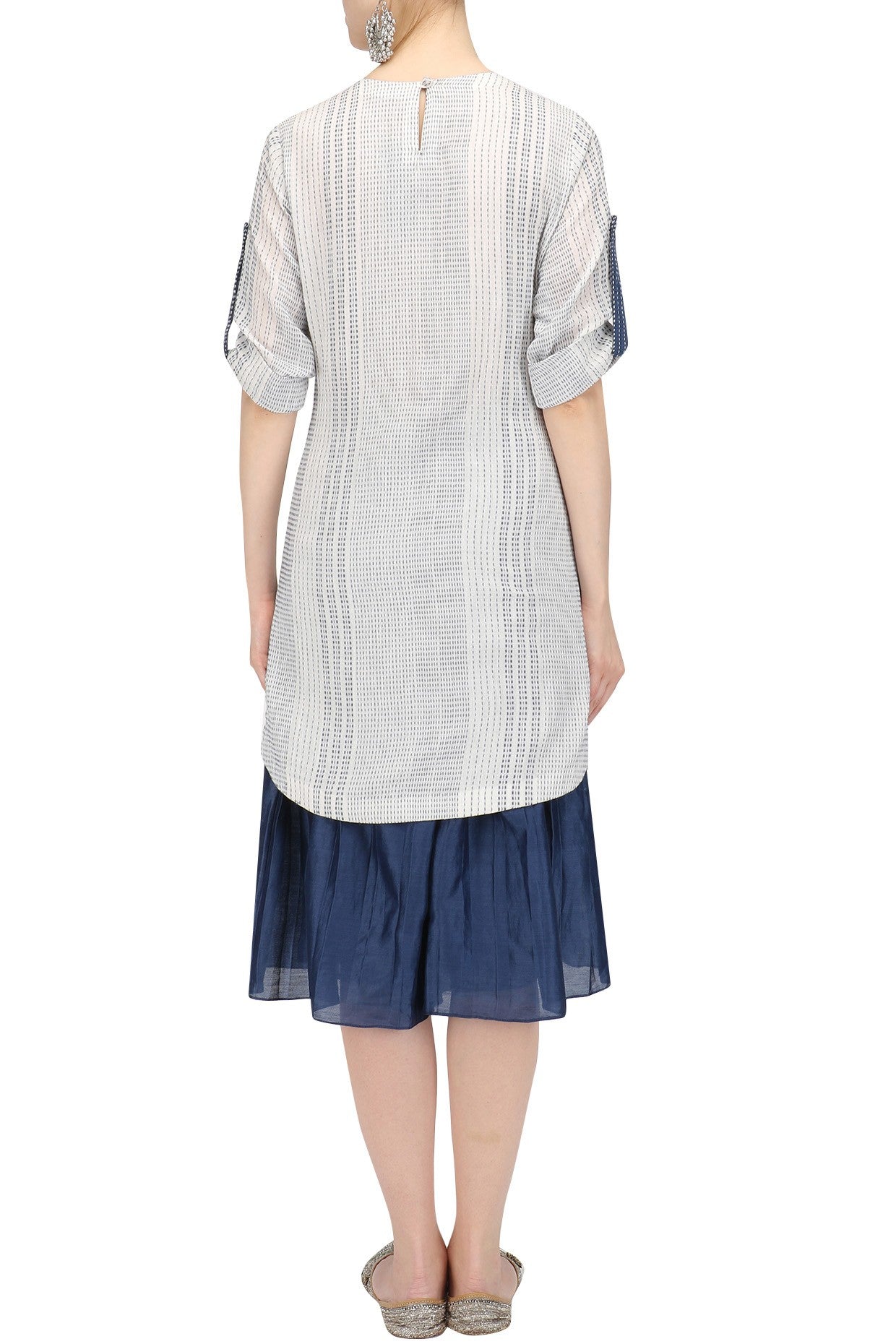 Whit and Blue Textuered Kurta with Blue Pleated Plazo