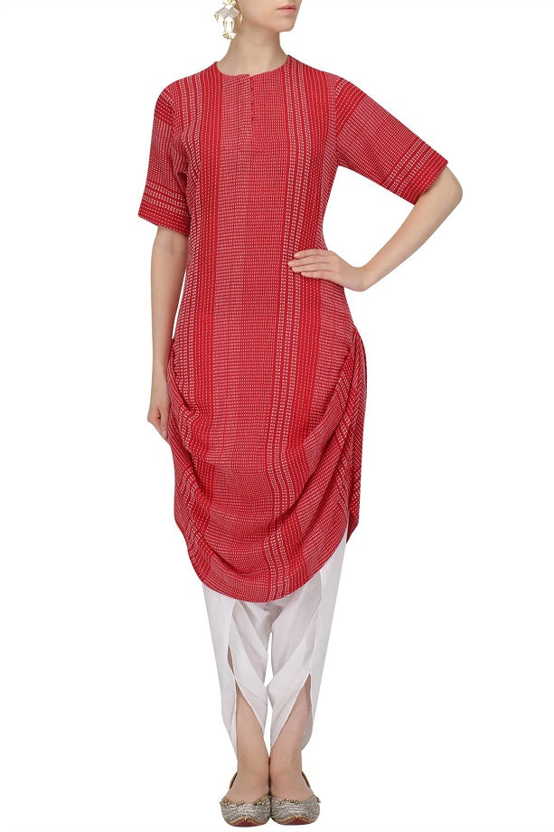 Red and White Cowl Shirt with White Dhoti