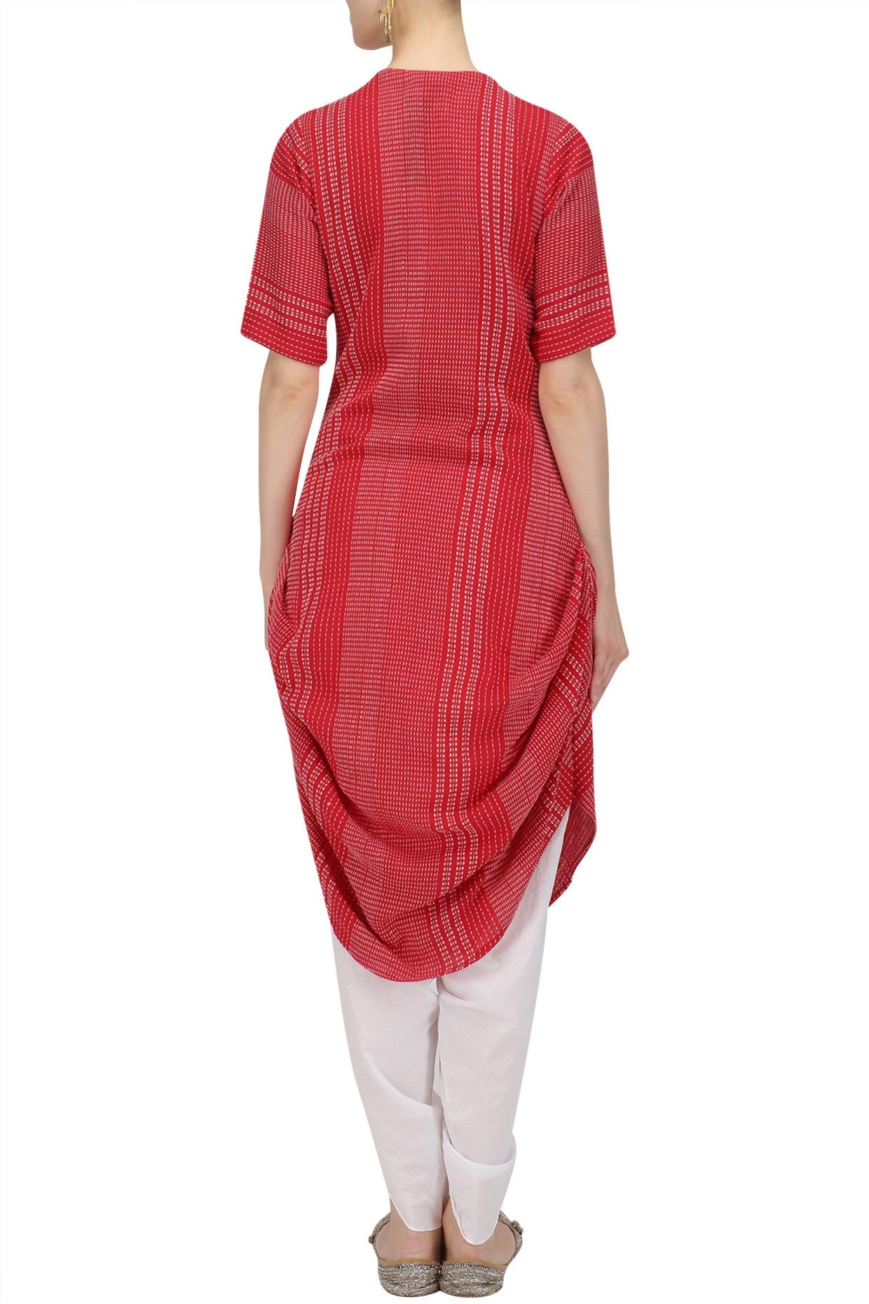 Red and White Cowl Shirt with White Dhoti