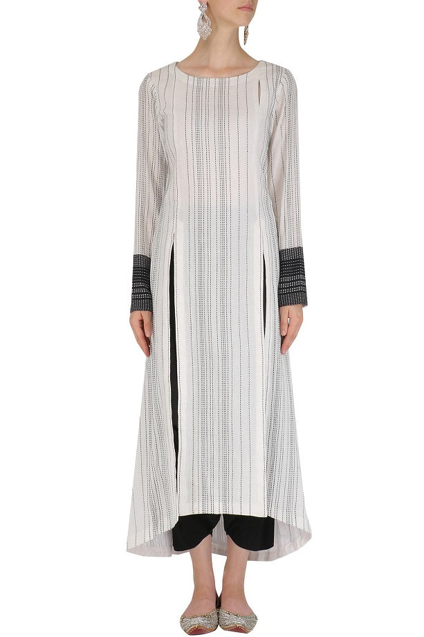 Black and White Textured Kurta with Black Dhoti