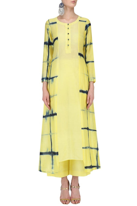 Blue &amp; Yellow Shibori Kurta With Yellow Plazo